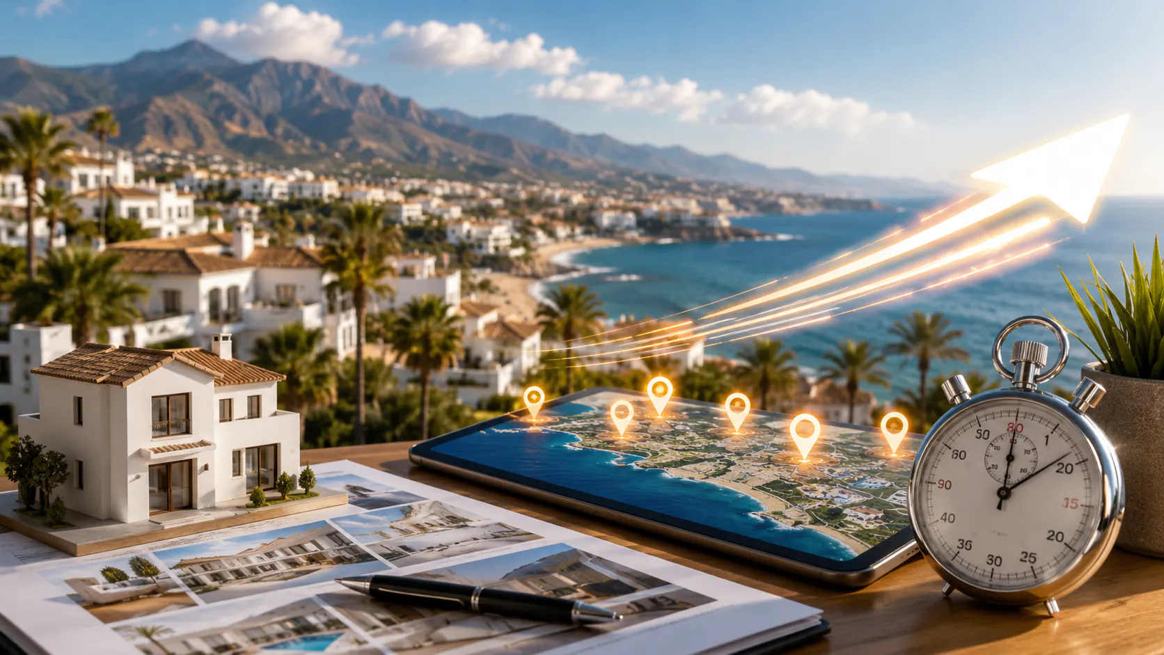 Maqueta de una vivienda junto a un cronómetro y una tableta con el mapa de la Costa del Sol marcado con chinchetas, sobre fichas de propiedades y con la costa de fondo.