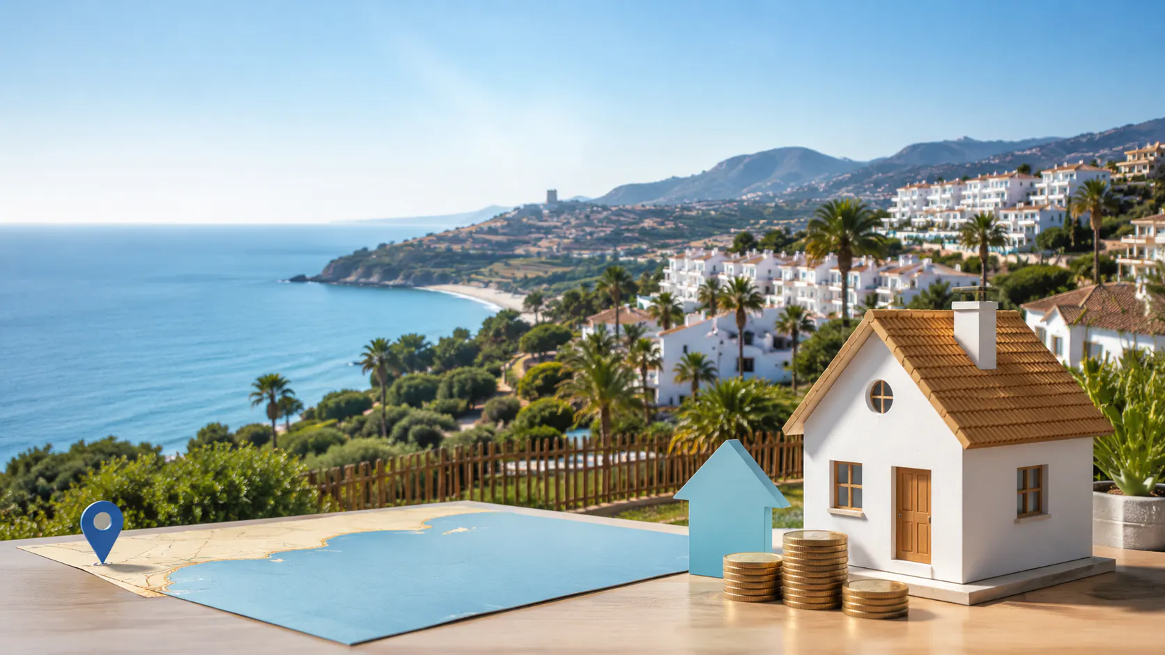 Maqueta de una vivienda junto a monedas apiladas y un mapa con una chincheta, frente a una cala poco urbanizada del extremo oeste de la Costa del Sol con una torre vigía en el promontorio.