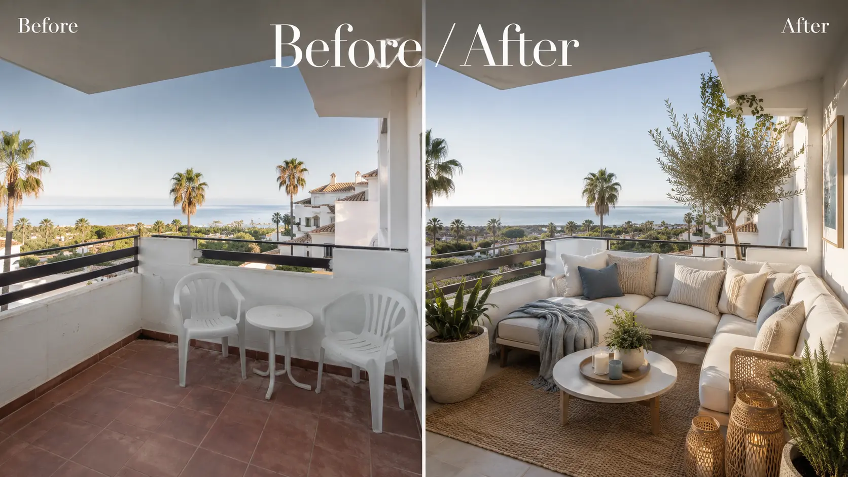 Before and after of a sea-view terrace prepared with home staging on the Costa del Sol