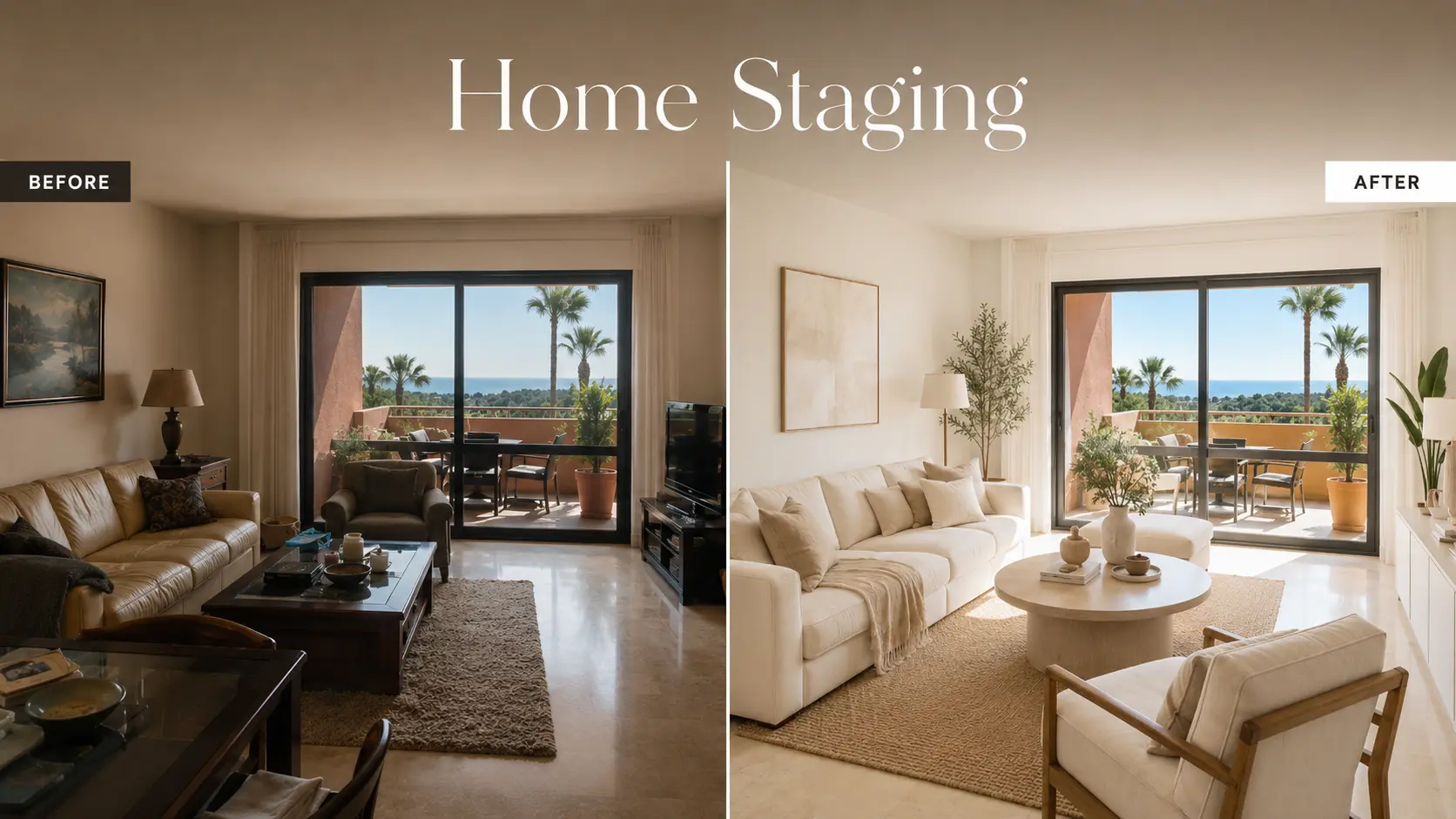 Before and after of a living room prepared with home staging on the Costa del Sol