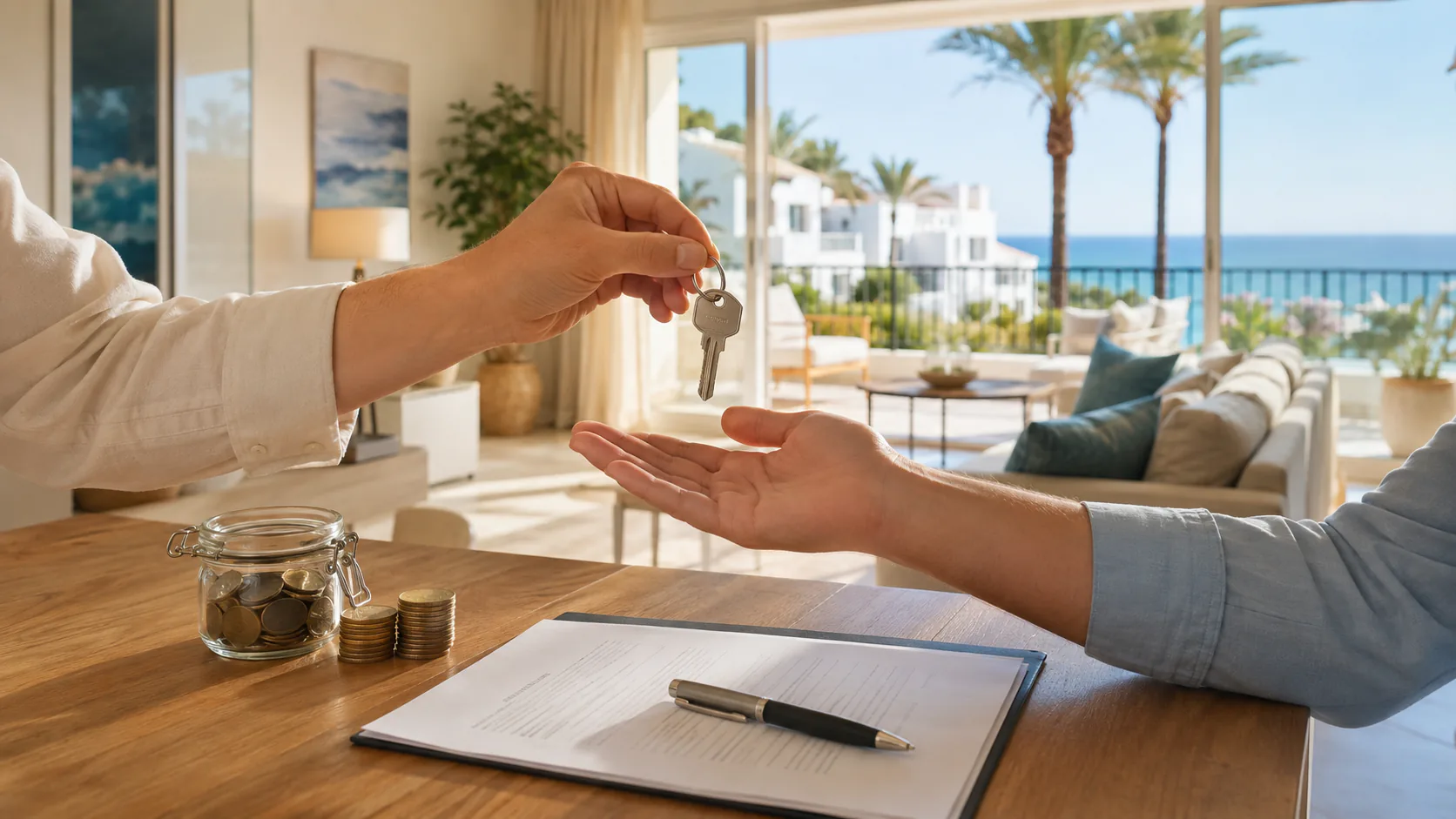 Una mano entrega una llave a otra por encima de una mesa de madera con un contrato abierto y un bolígrafo, junto a un tarro de monedas, en un salón luminoso con vistas al mar y palmeras al fondo.