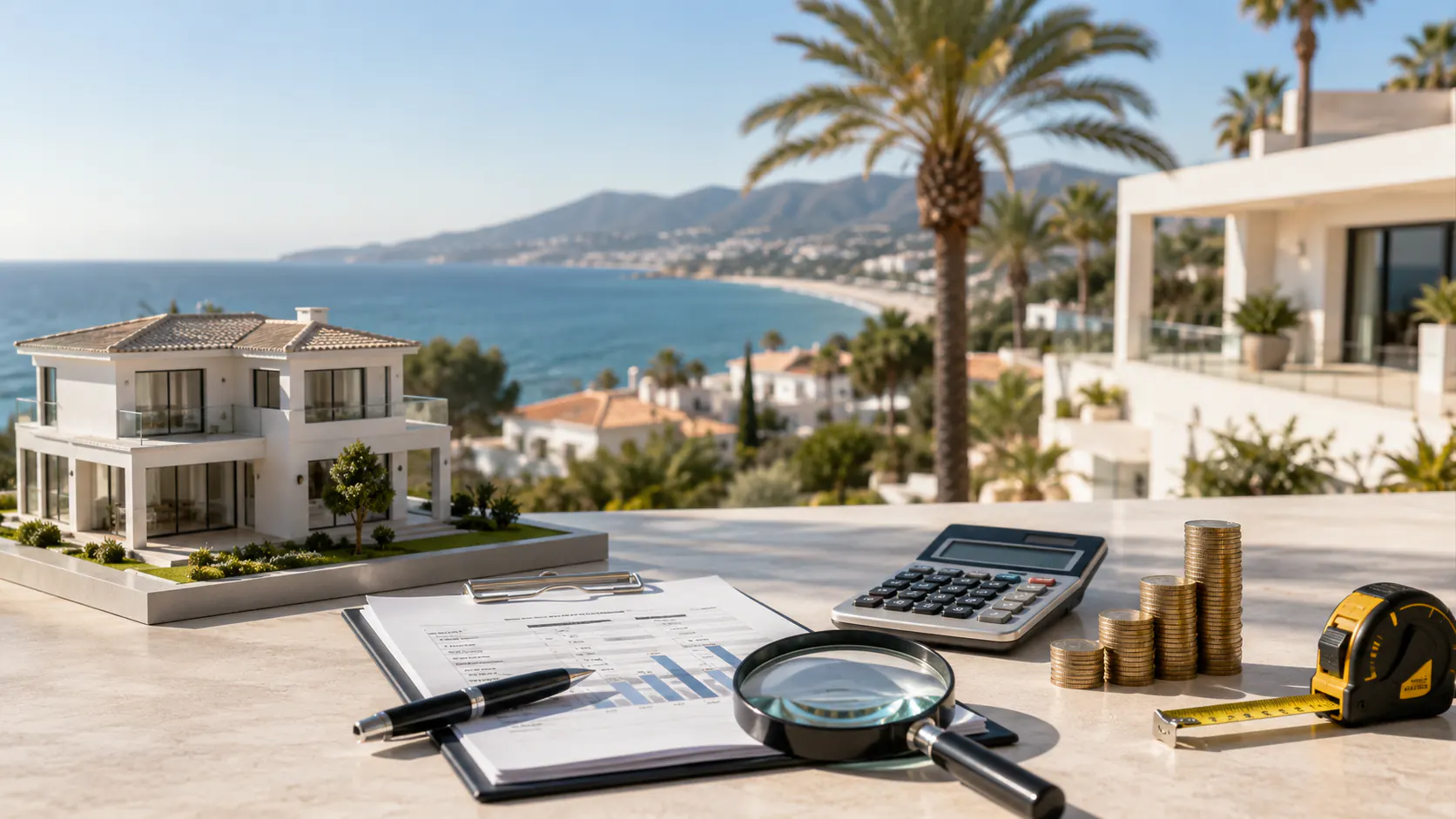 Maqueta de una villa moderna junto a un informe de valoración con una lupa, una calculadora, monedas apiladas y una cinta métrica, sobre una mesa con vistas a la bahía de la Costa del Sol.
