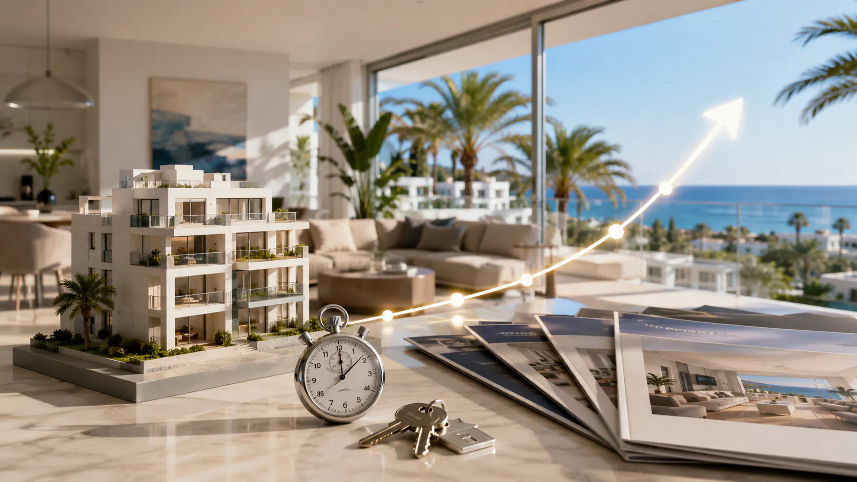 Maqueta de un edificio de apartamentos junto a un cronómetro, un juego de llaves y folletos de propiedades, con una curva ascendente y un salón con vistas al mar de fondo.