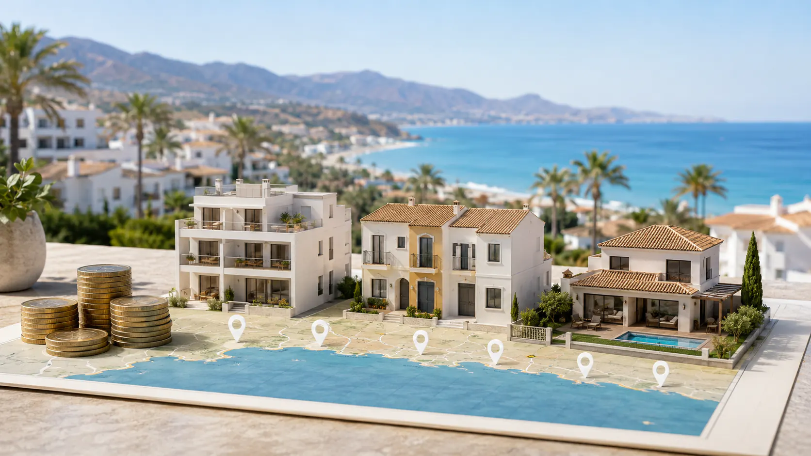 Maquetas de tres tipos de vivienda —un bloque de apartamentos, unas casas adosadas y una villa con piscina— colocadas sobre un mapa de la costa con chinchetas y monedas apiladas al lado.