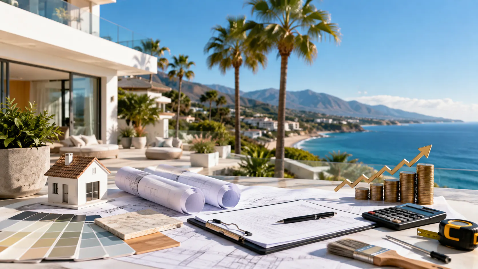 Planos, muestrario de materiales y presupuesto de una reforma sobre la terraza de una vivienda frente al mar en la Costa del Sol