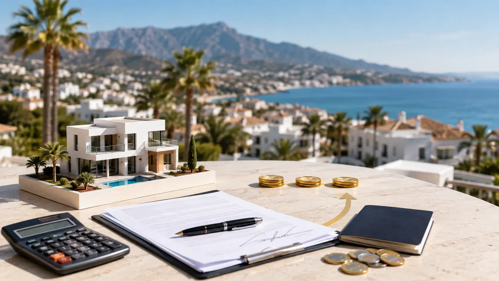 Maqueta de una villa moderna con piscina junto al contrato de compraventa firmado, una calculadora y monedas con una flecha que las devuelve al montón, sobre una terraza con vistas a la costa.