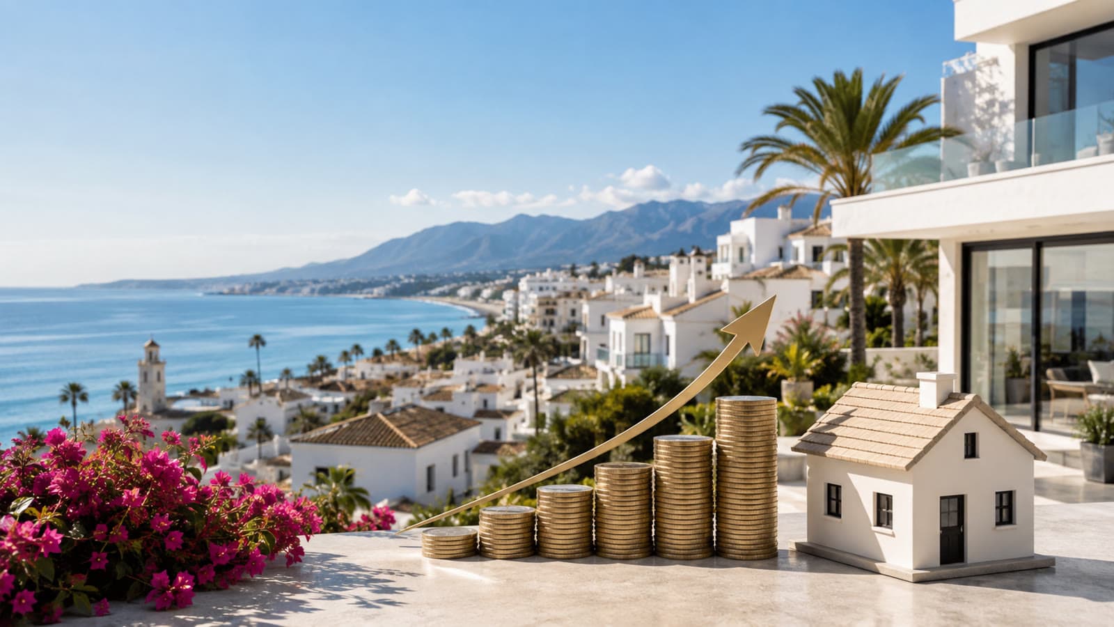 Vista de la Costa del Sol con casas blancas junto al mar, monedas apiladas en escalera ascendente y una flecha de subida de precios