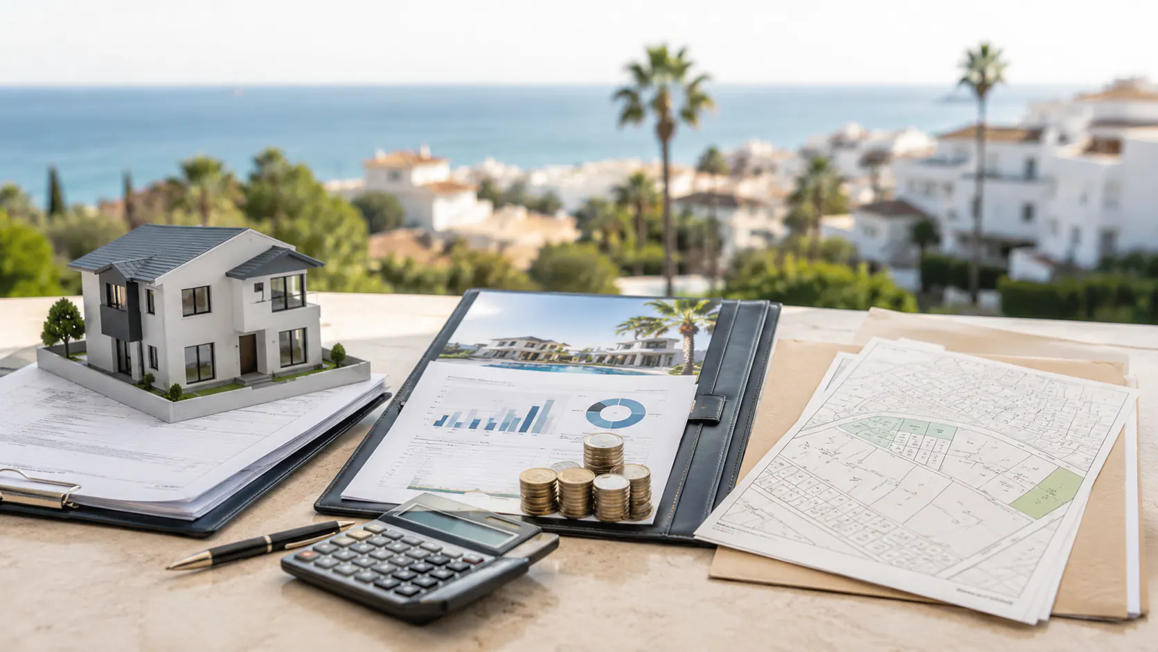 Carpeta con gráficos de mercado y una calculadora junto a planos parcelarios del catastro y monedas apiladas, sobre una mesa con vistas a una urbanización de la Costa del Sol.