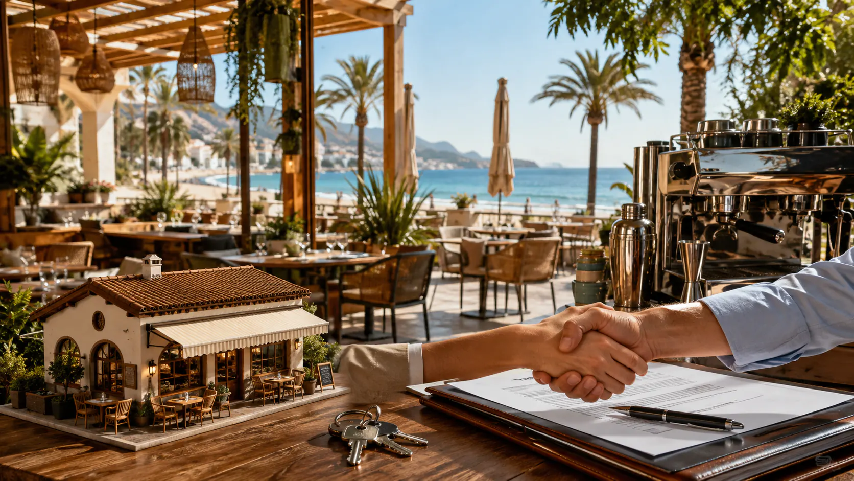Apretón de manos cerrando el traspaso de un negocio de hostelería en primera línea de playa, junto al contrato firmado, las llaves del local y una maqueta de un restaurante con terraza.
