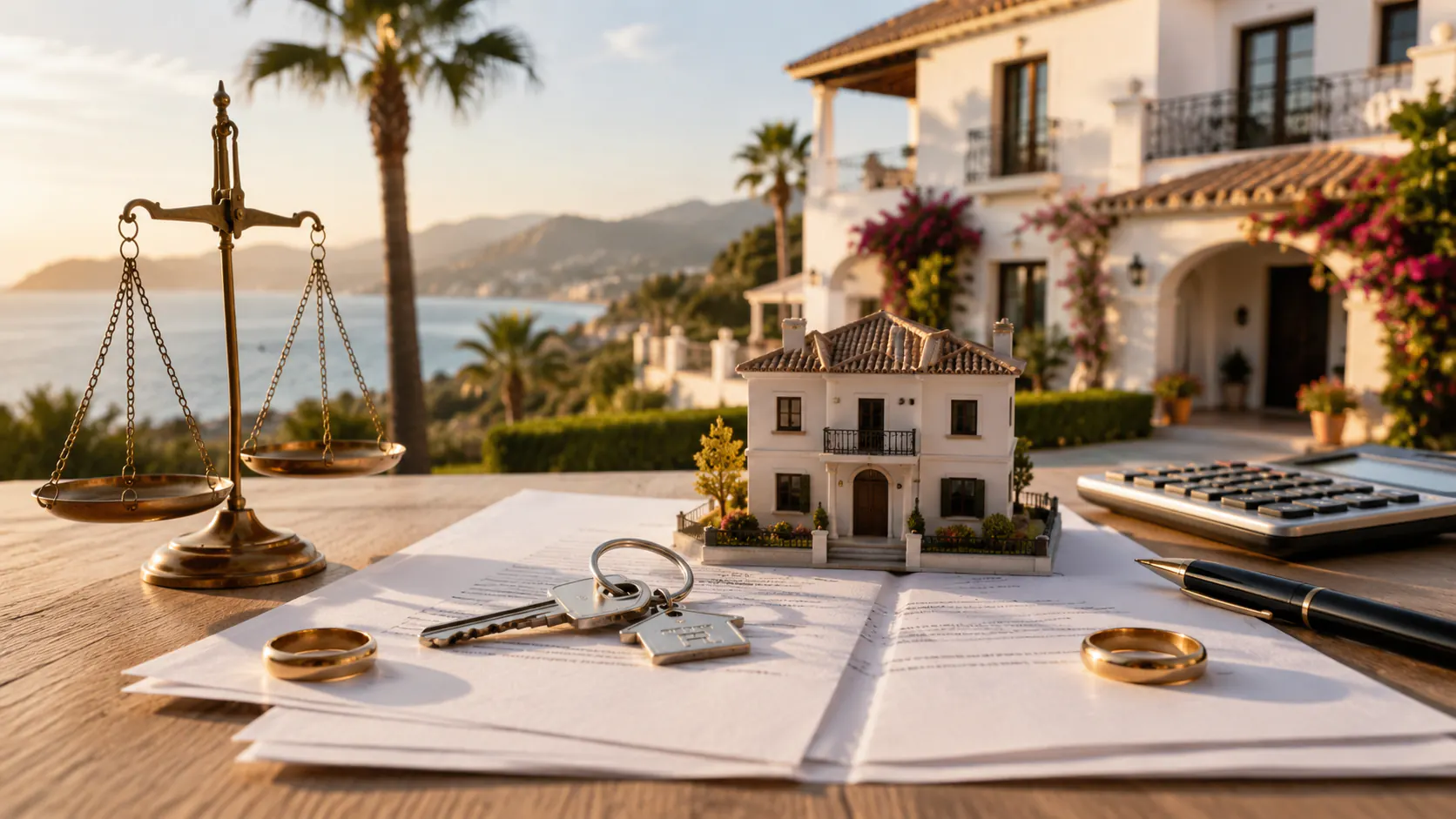 Balanza de latón junto a dos alianzas, un llavero con forma de casa y documentos legales, con una maqueta de vivienda y la costa al atardecer de fondo.