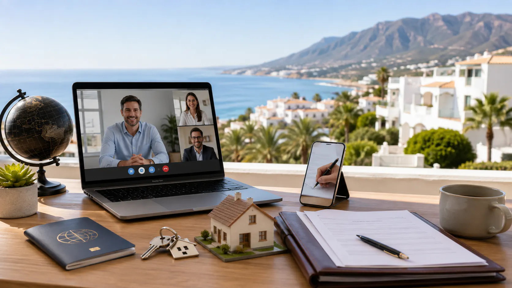 Videollamada con tres personas en un portátil sobre una mesa con pasaporte, llaves, una maqueta de vivienda, un contrato y un móvil mostrando una firma digital, con la costa al fondo.